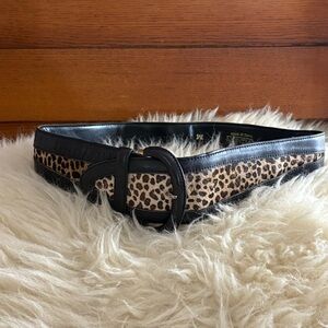 Black Leather/ Leopard Print Fur Wide Belt Made in Spain